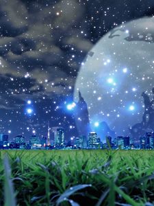 Preview wallpaper planet, snow, city, night, grass