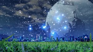 Preview wallpaper planet, snow, city, night, grass