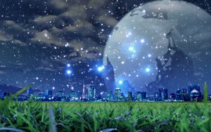 Preview wallpaper planet, snow, city, night, grass