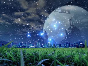 Preview wallpaper planet, snow, city, night, grass