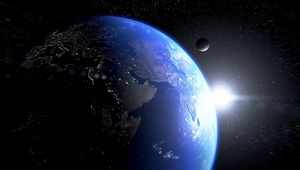 Preview wallpaper planet, space, satellite, lens flare, stars