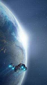 Preview wallpaper planet, spaceship, lights, cosmos, universe