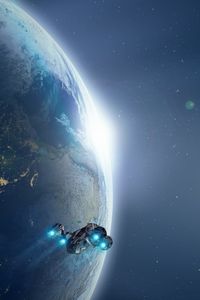 Preview wallpaper planet, spaceship, lights, cosmos, universe