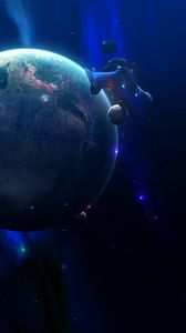 Preview wallpaper planet, spaceship, space, asteroids, 3d