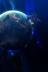 Preview wallpaper planet, spaceship, space, asteroids, 3d