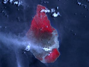 Preview wallpaper planet, surface, earth, volcano, island, eruption, lava, water