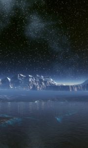 Preview wallpaper planet, surface, stars, water, lake, rocks