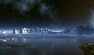 Preview wallpaper planet, surface, stars, water, lake, rocks