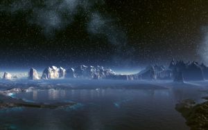 Preview wallpaper planet, surface, stars, water, lake, rocks