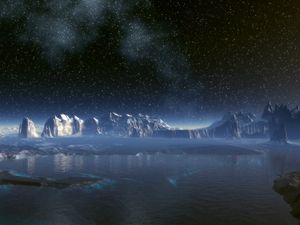 Preview wallpaper planet, surface, stars, water, lake, rocks