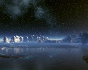 Preview wallpaper planet, surface, stars, water, lake, rocks