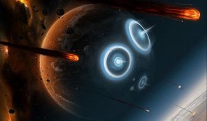 Preview wallpaper planets, asteroids, attack, space, debris