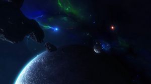 Preview wallpaper planets, asteroids, deep space, shine, stars, nebula