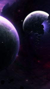 Preview wallpaper planets, asteroids, fragments, flash, space