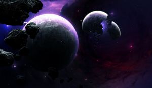 Preview wallpaper planets, asteroids, fragments, flash, space