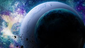 Preview wallpaper planets, asteroids, light, stars, universe