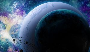 Preview wallpaper planets, asteroids, light, stars, universe