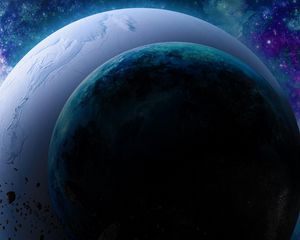 Preview wallpaper planets, asteroids, light, stars, universe