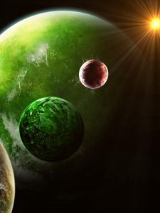 Preview wallpaper planets, green, red, sun