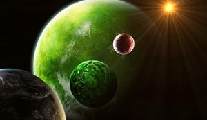 Preview wallpaper planets, green, red, sun