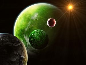 Preview wallpaper planets, green, red, sun