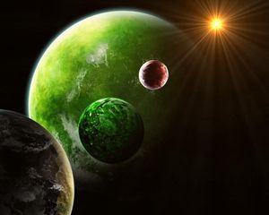 Preview wallpaper planets, green, red, sun