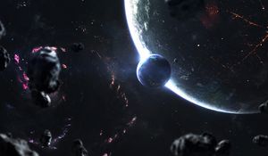 Preview wallpaper planets, meteors, glow