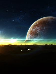 Preview wallpaper planets, space, satellite, horizon, lights