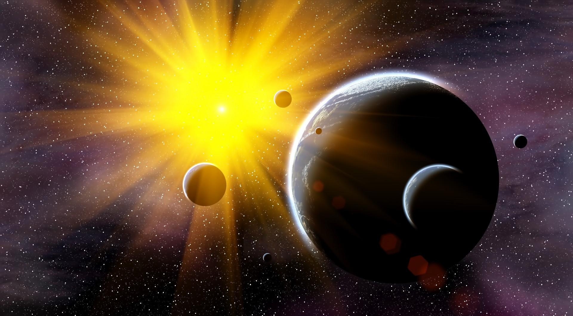 Download wallpaper 1920x1060 planets, sun, stars, rays hd background