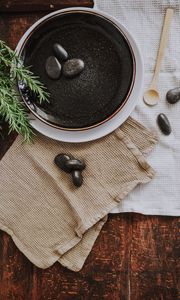 Preview wallpaper plate, stones, plant, cloth, wooden