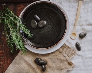 Preview wallpaper plate, stones, plant, cloth, wooden