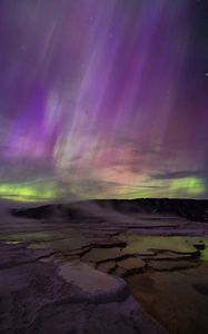 Preview wallpaper plateau, landform, water, hill, northern lights, night