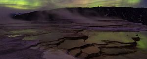 Preview wallpaper plateau, landform, water, hill, northern lights, night