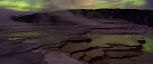 Preview wallpaper plateau, landform, water, hill, northern lights, night