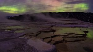 Preview wallpaper plateau, landform, water, hill, northern lights, night