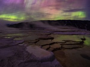 Preview wallpaper plateau, landform, water, hill, northern lights, night