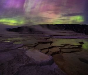 Preview wallpaper plateau, landform, water, hill, northern lights, night