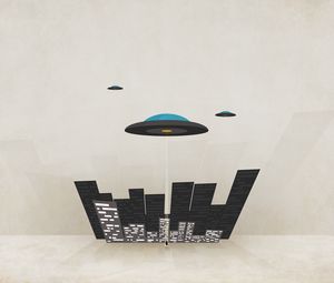 Preview wallpaper plates, minimal walls, city, ufo, minimalism, flying