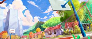 Preview wallpaper playground, basketball hoop, art, city, colorful