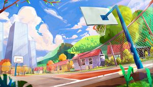 Preview wallpaper playground, basketball hoop, art, city, colorful