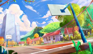 Preview wallpaper playground, basketball hoop, art, city, colorful