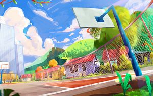 Preview wallpaper playground, basketball hoop, art, city, colorful