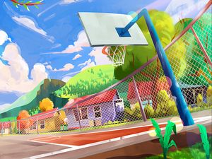 Preview wallpaper playground, basketball hoop, art, city, colorful