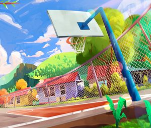 Preview wallpaper playground, basketball hoop, art, city, colorful