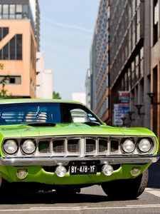 Preview wallpaper plymouth, barracuda, 1971, green, front bumper