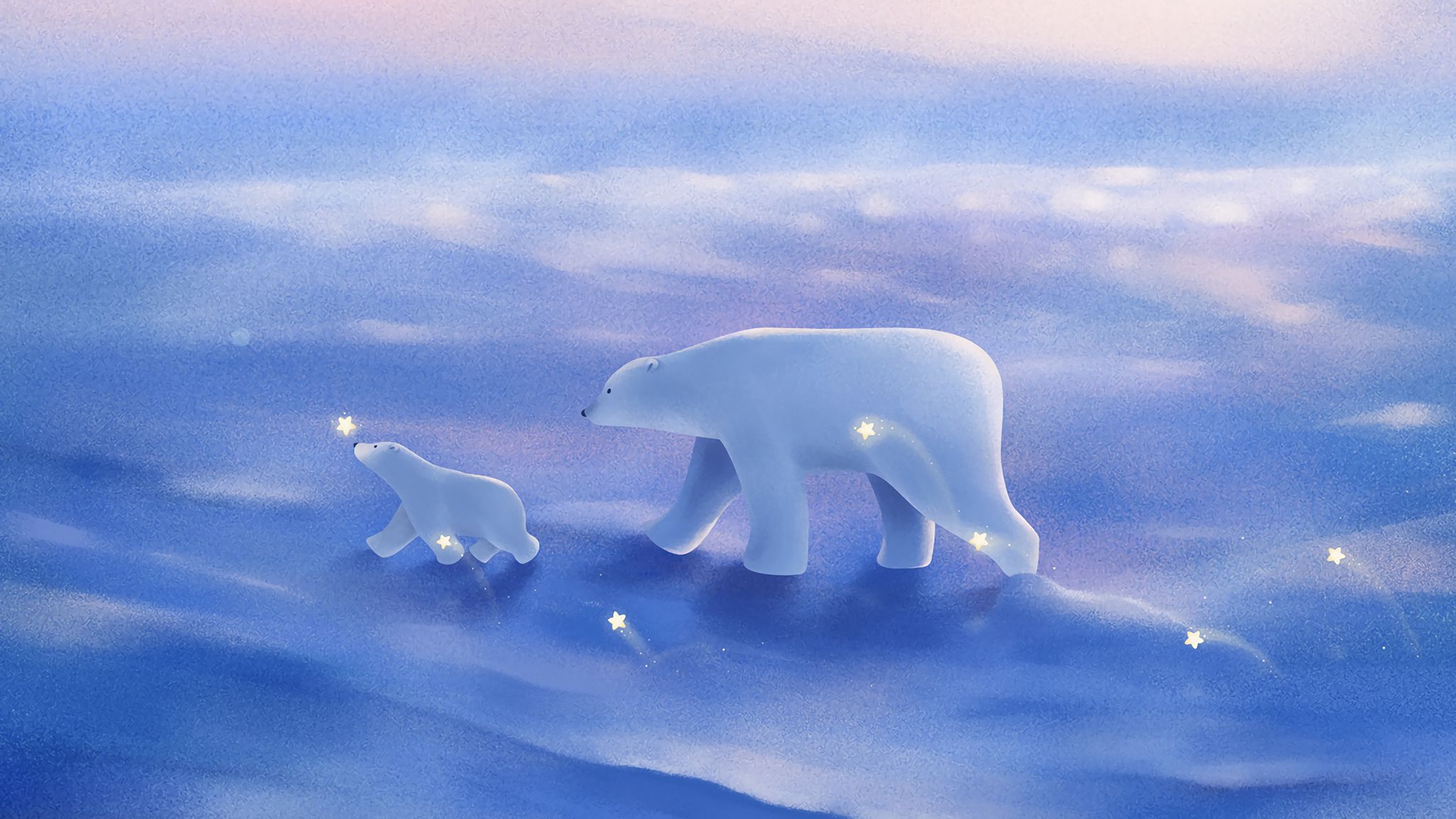 Download wallpaper 2048x1152 polar bears, family, cub, art, walk