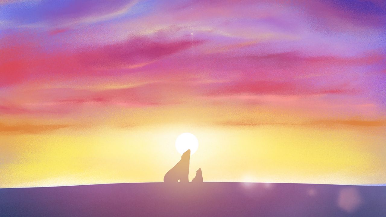 Wallpaper polar bears, silhouettes, sunset, horizon, art