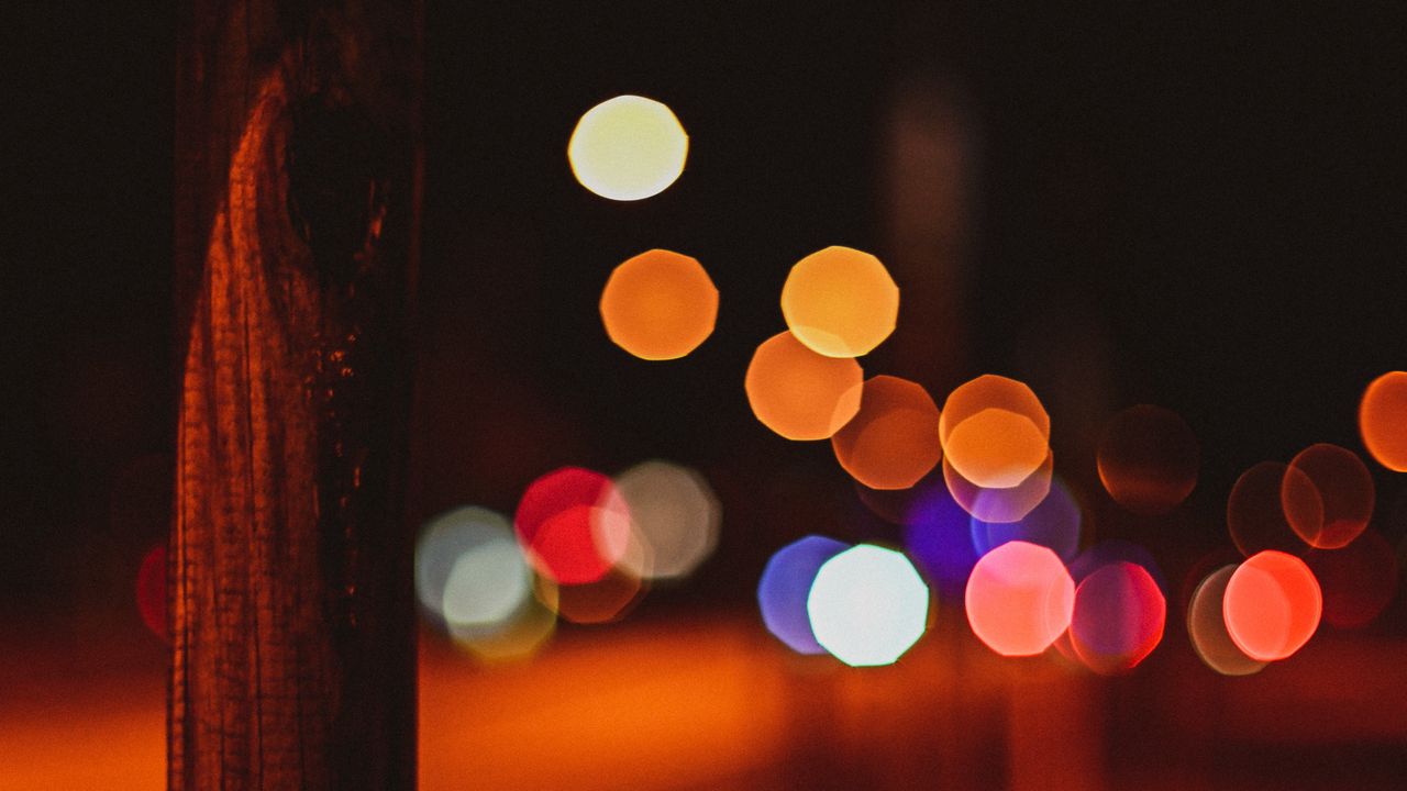 Wallpaper pole, night, lights, bokeh, contrast