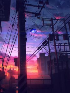 Preview wallpaper poles, wires, art, twilight, sky