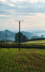 Preview wallpaper poles, wires, field, trees, nature